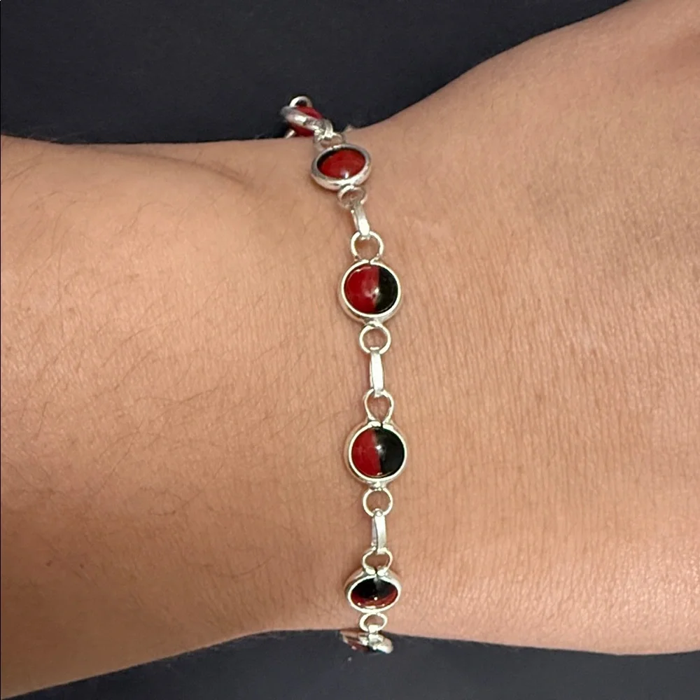950 Sterling Silver Huayruro Seeds Peruvian Bracelet 7.5 In